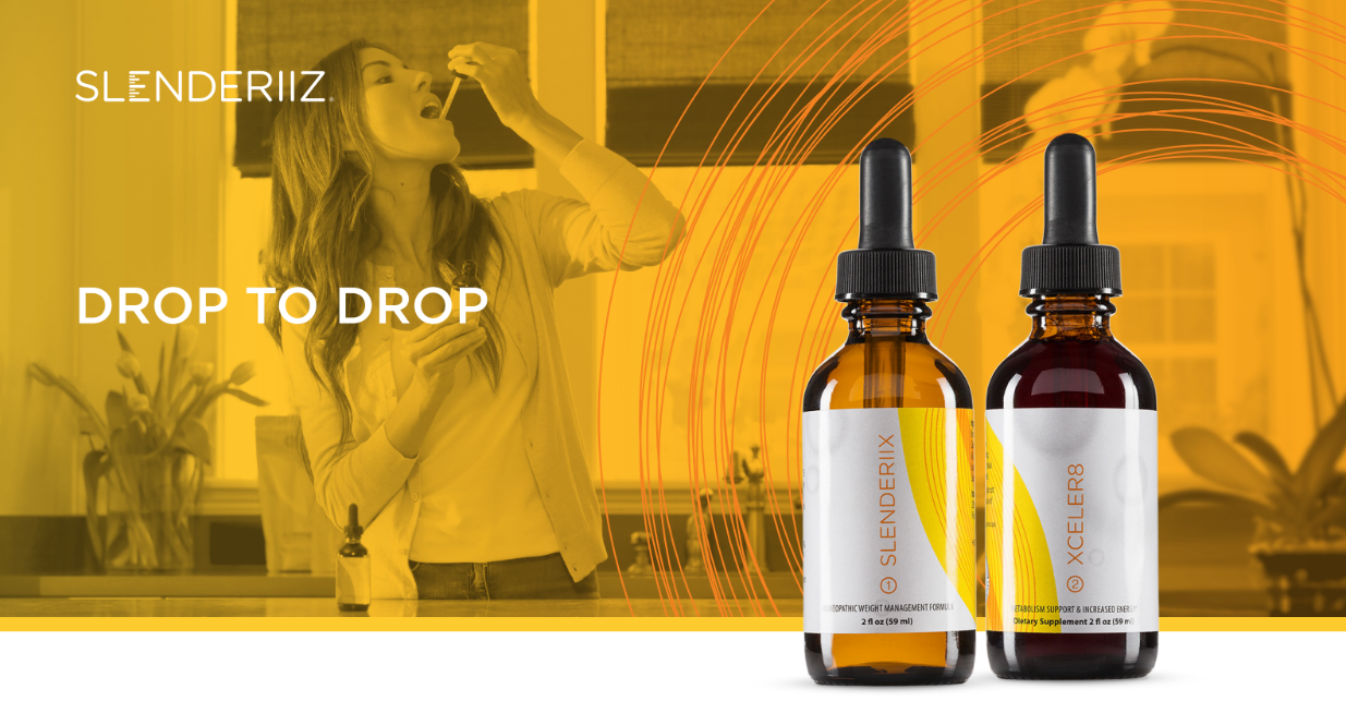 woman taking slenderiiz drops and picture of slenderiiz drops bottles