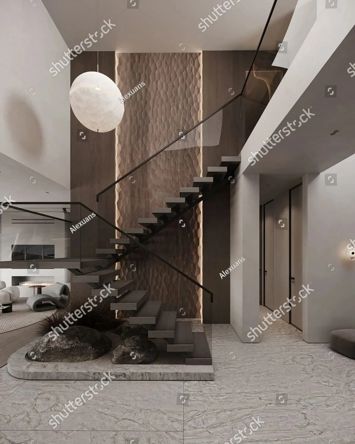 Modern staircase with black railing and floating steps in a stylish interior with textured wall, decorative rocks, and marble flooring.