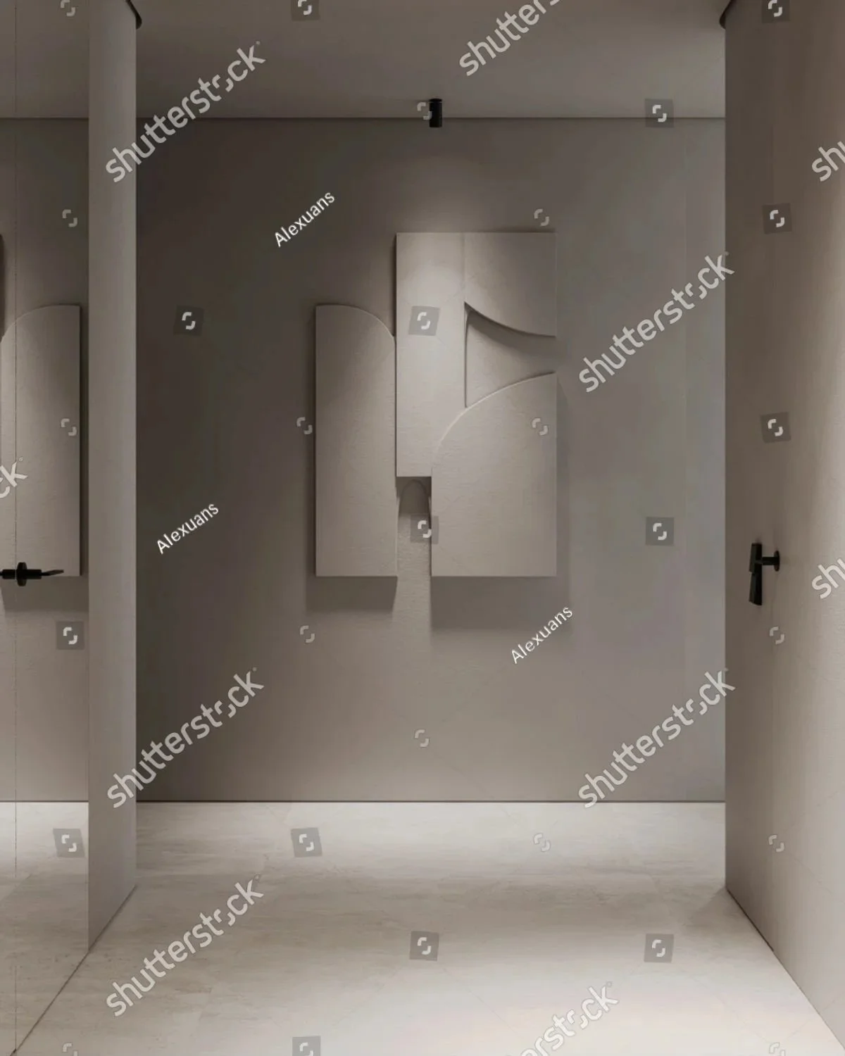 Minimalist interior with a textured abstract wall art piece, beige walls, and black door handles.
