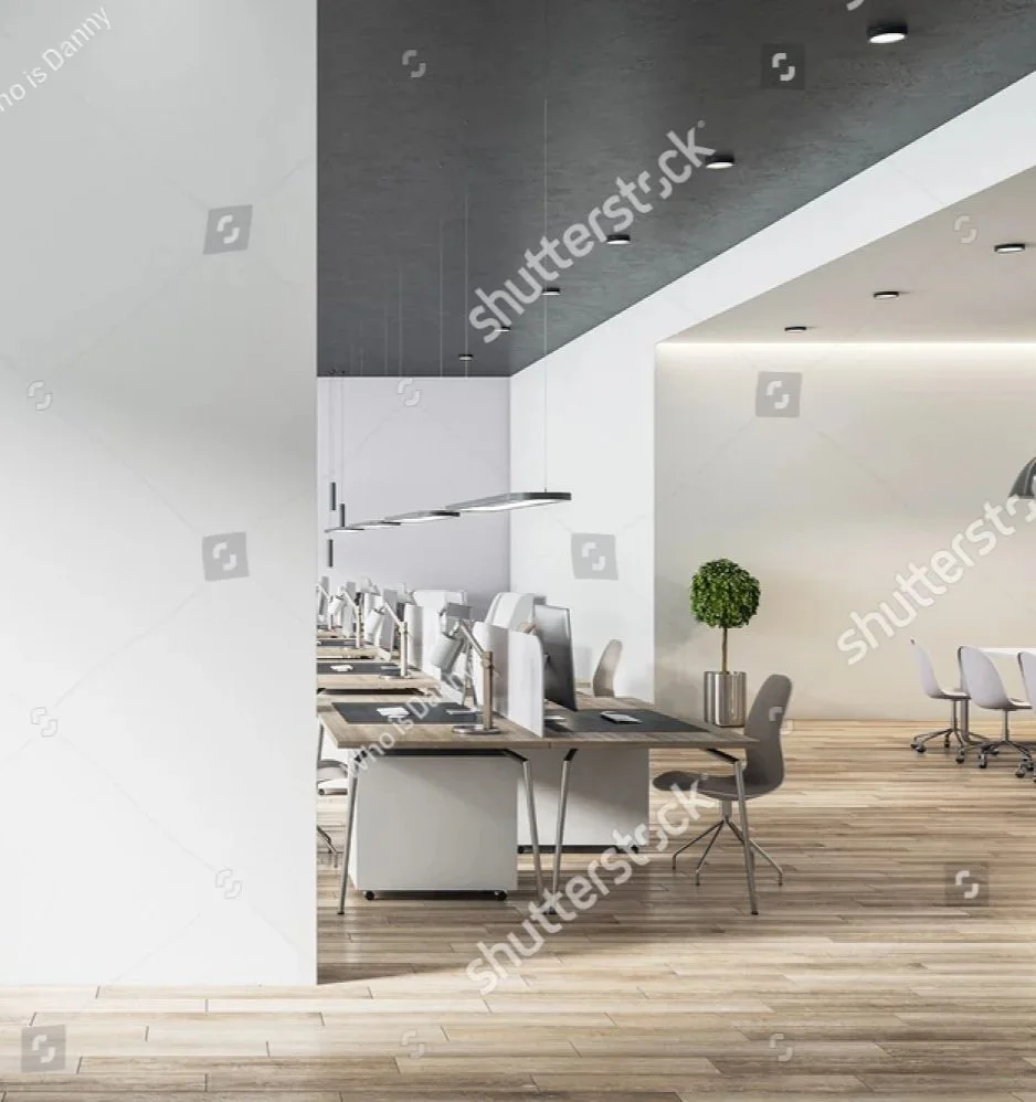 Modern office workspace with multiple computer desks, chairs, and a potted plant, featuring a minimalist design with white walls, wood flooring, and ceiling lights.