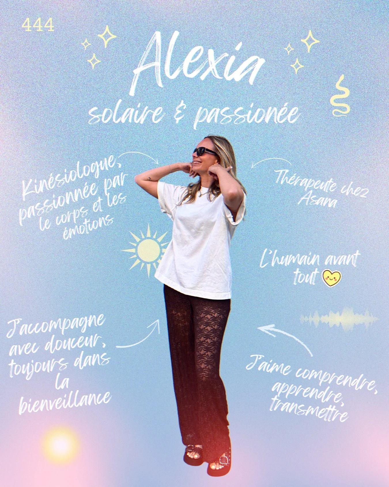 Coucou, c&rsquo;est moi 🌞
J&rsquo;aime ce que je fais, j&rsquo;aime les gens, j&rsquo;aime apprendre et transmettre. ✨
Et toi, si tu devais te d&eacute;crire en quelques mots, ce serait quoi ? 🤍

#kinesiologie #goodvibes #accompagnement #d&eacute;v