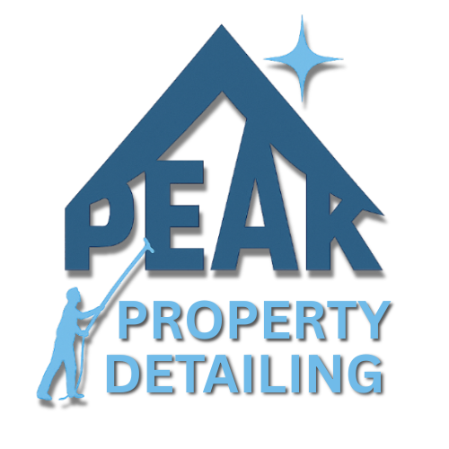 Logo for Peak Property Detailing with a mountain-shaped roof, a person pointing with a tool, and a shining star