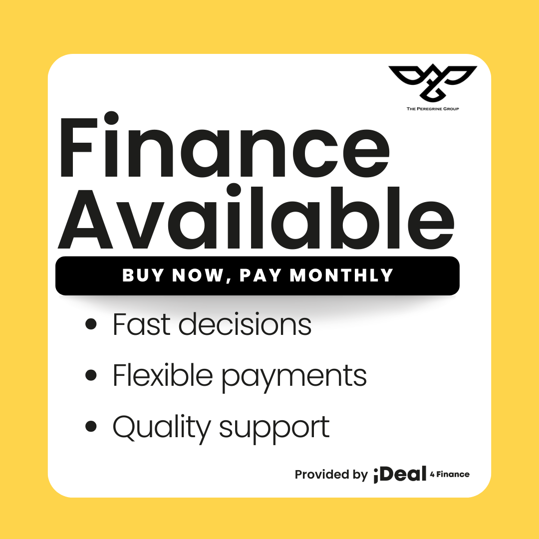 Advertisement for financing options with bold black text on a white background, surrounded by a yellow border. Highlights include 'Finance Available,' 'Buy Now, Pay Monthly,' and benefits like fast decisions, flexible payments, and quality support, provided by iDeal 4 Finance.
