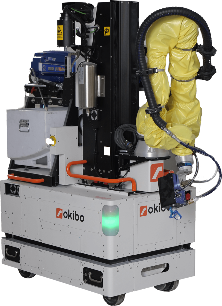 A robotic welding machine with yellow protective covers, black hoses, and the brand name 'Okibo' on the white base, used for industrial automation.
