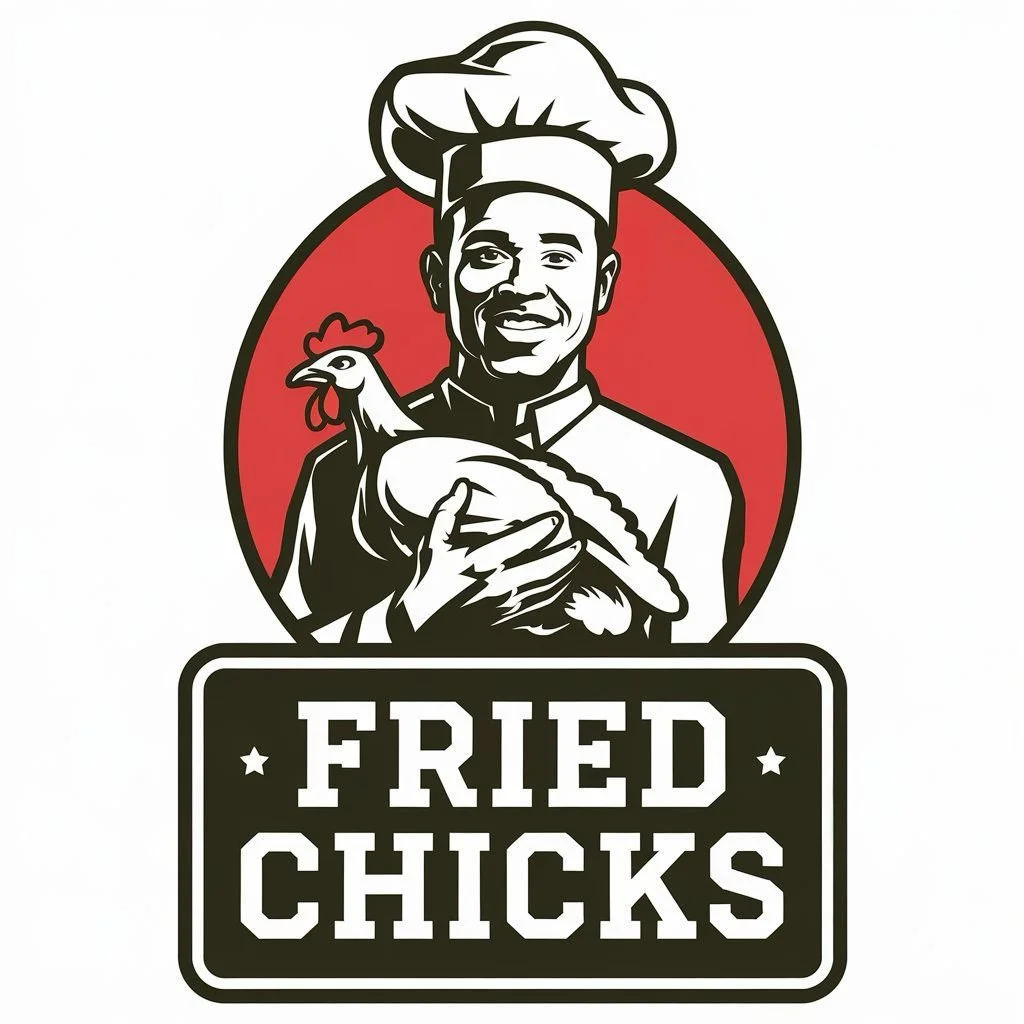 Grafik eines Kochs mit einem Huhn, darunter der Schriftzug 'Fried Chicks'.