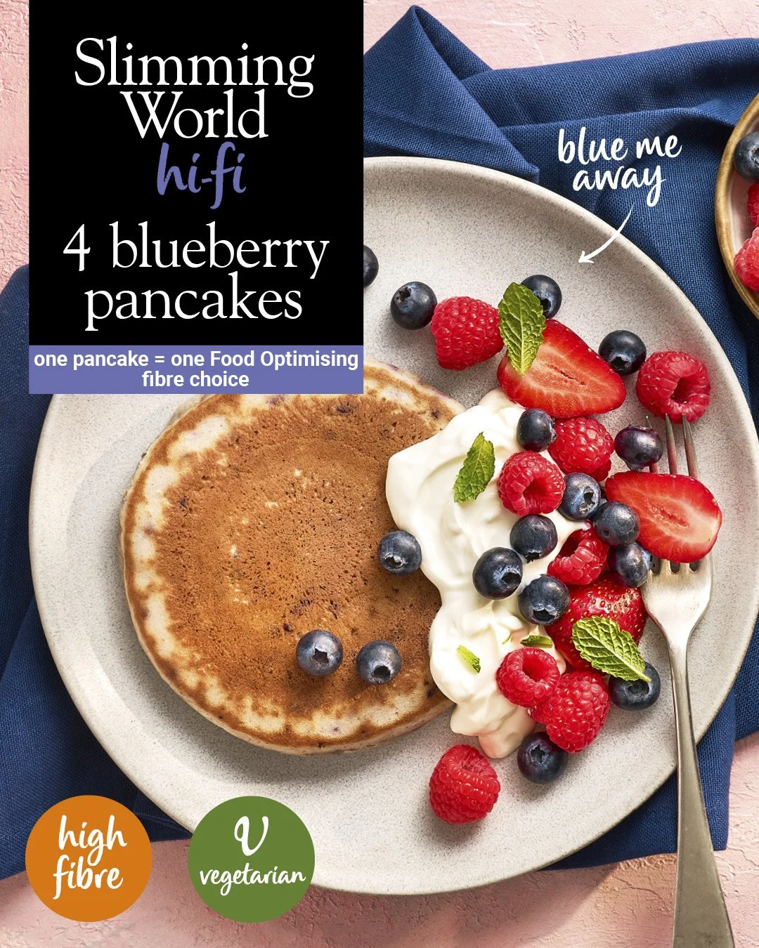 A plate with a blueberry pancake, topped with mixed berries (blueberries, raspberries, strawberries), whipped cream, and mint leaves, set on a blue napkin.