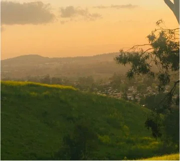 Scenic landscape with a grassy hill, a distant town, trees, and a sunset in the sky.