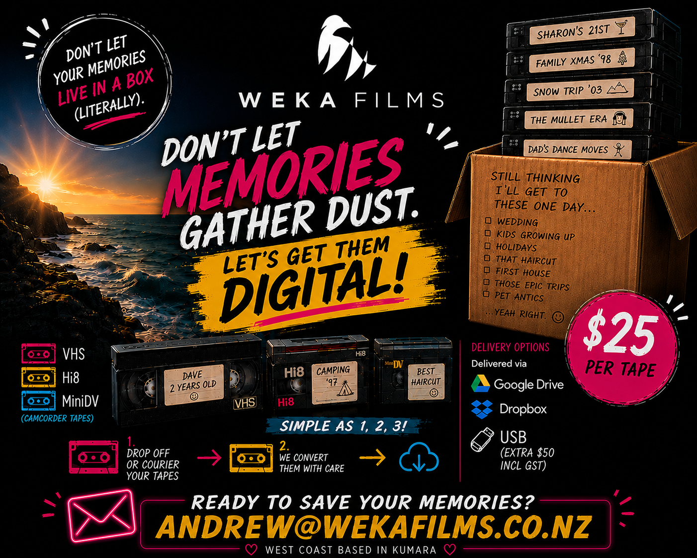 Convert VHS, Hi8 and MiniDV tapes to digital in New Zealand. Simple service with digital delivery and careful handling of old tapes