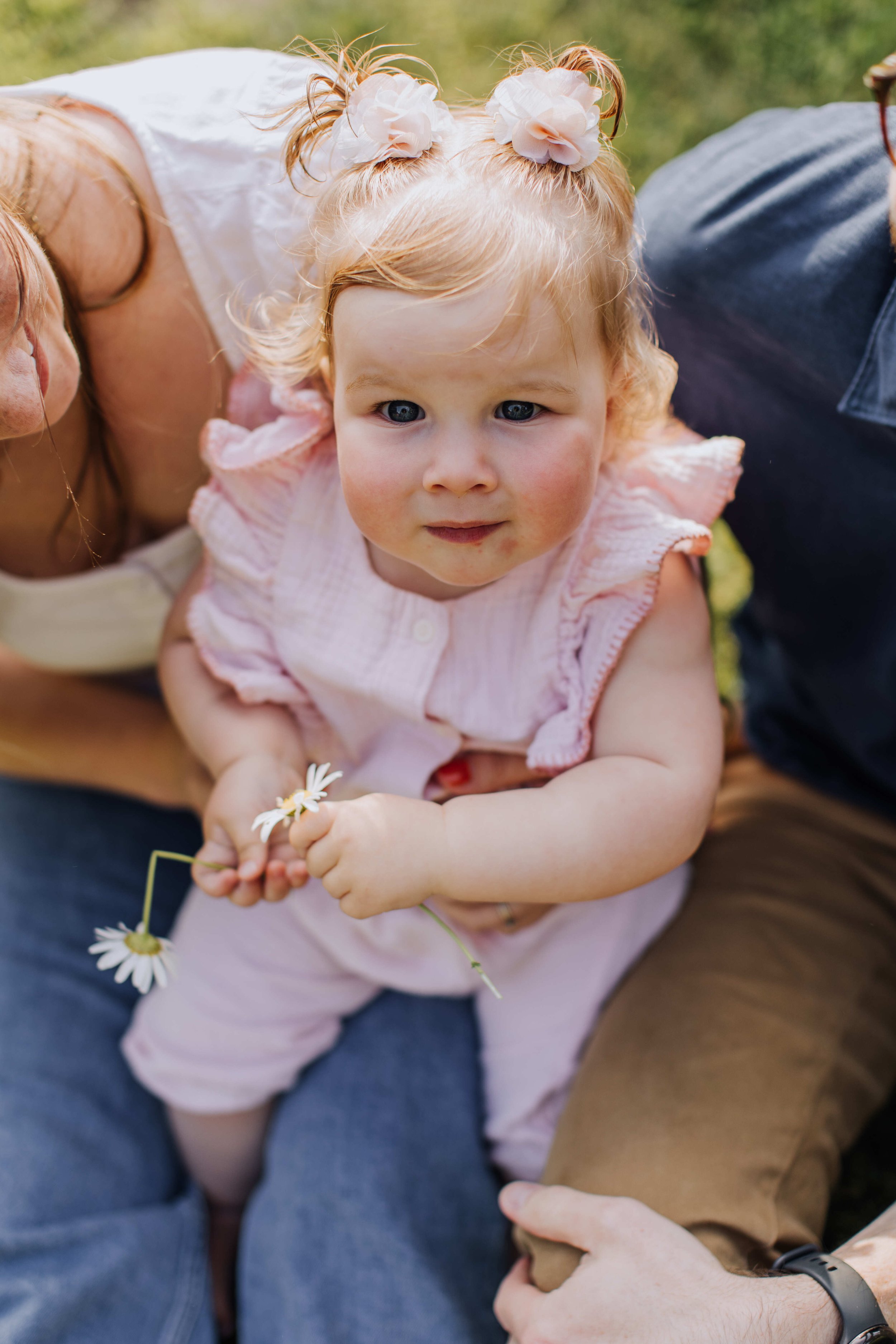 A young girl with red hair styled in pigtails with white flowers, wearing a pink ruffled outfit, sitting on someone's lap outdoors, holding a white daisy in her hand and looking at the camera.
