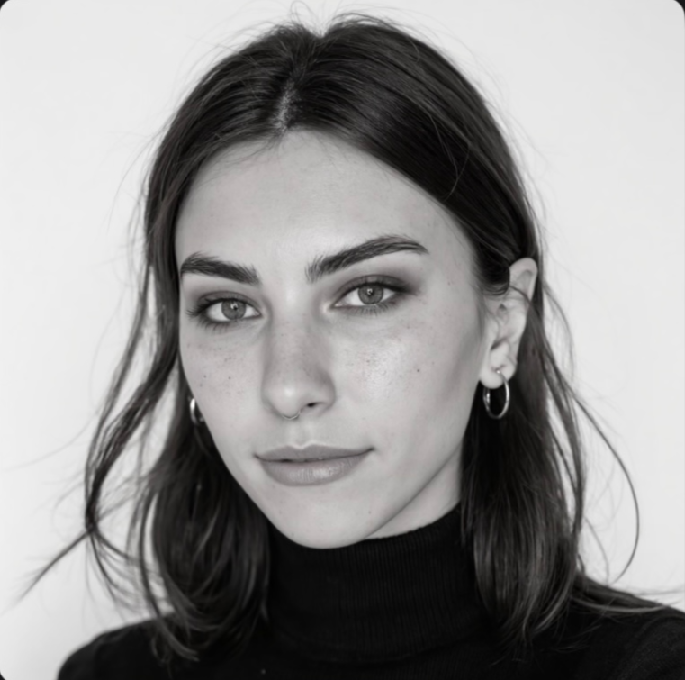 Black and white portrait of a young woman with dark hair, earrings, and a black turtleneck, looking directly at the camera.