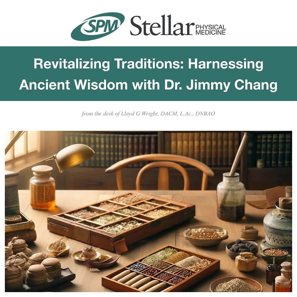 Book cover titled 'Revitalizing Traditions: Harnessing Ancient Wisdom with Dr. Jimmy Chang' with a background image of a wooden table filled with traditional Asian medicine tools, herbs, jars, and containers in a cozy, well-lit room.