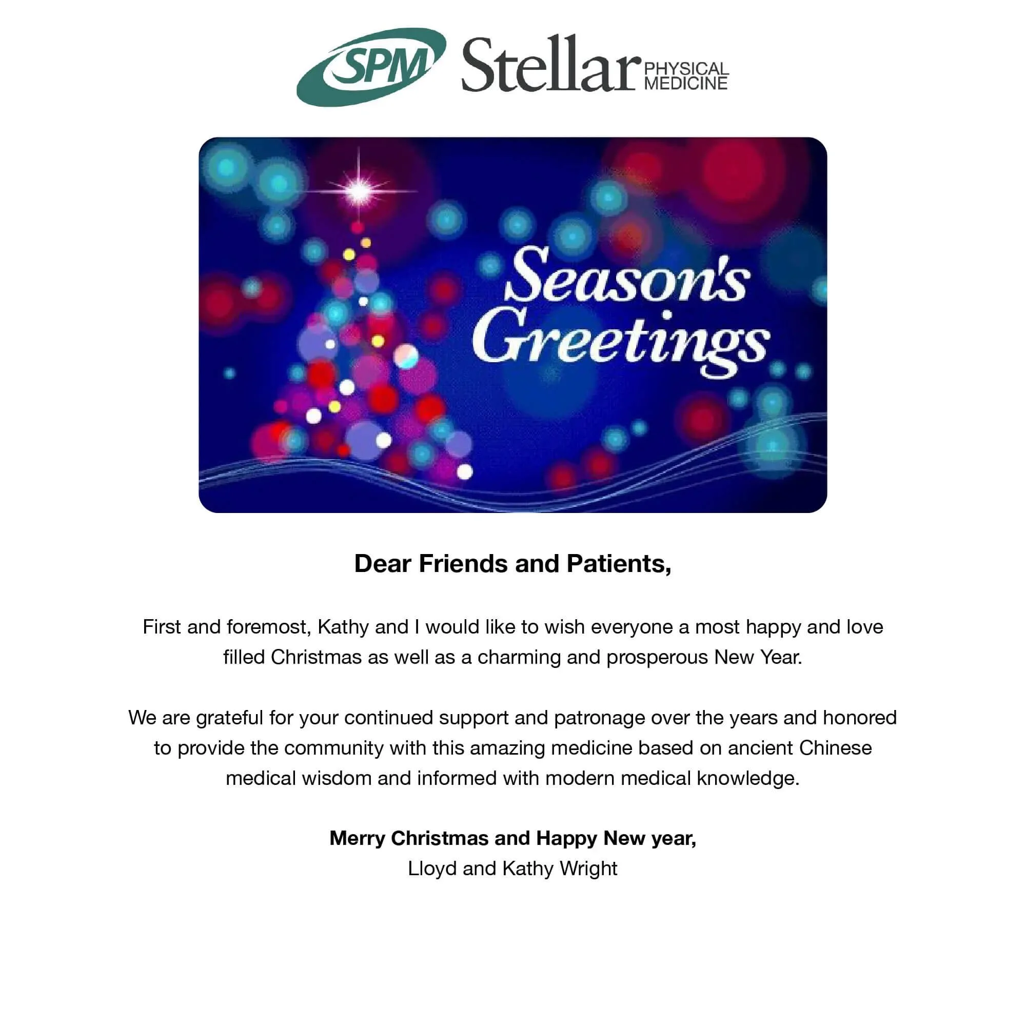 Holiday greeting card from SPM Stellar Physical Medicine featuring a festive background with colorful bokeh lights and a Christmas tree, with the message 'Season's Greetings' and a holiday message from Lloyd and Kathy Wright.