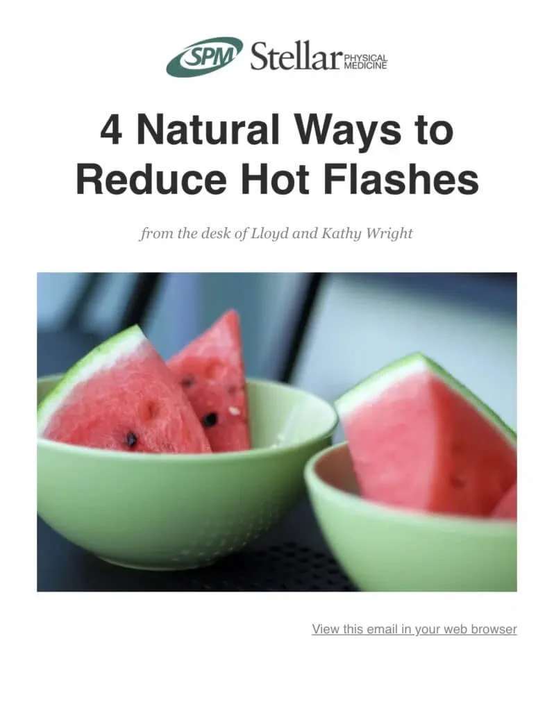 Book cover titled '4 Natural Ways to Reduce Hot Flashes' with an image of watermelons in green bowls.