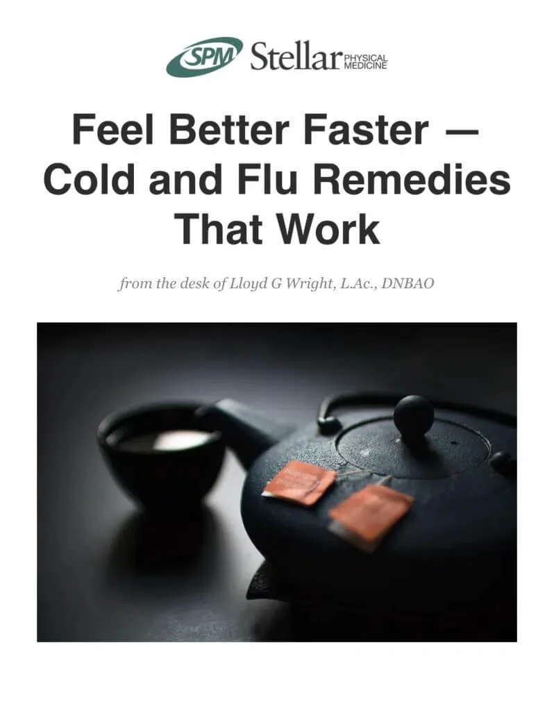 Cover page of a health guide with the title 'Feel Better Faster - Cold and Flu Remedies That Work', featuring a teapot with tea bags and a cup in the background.