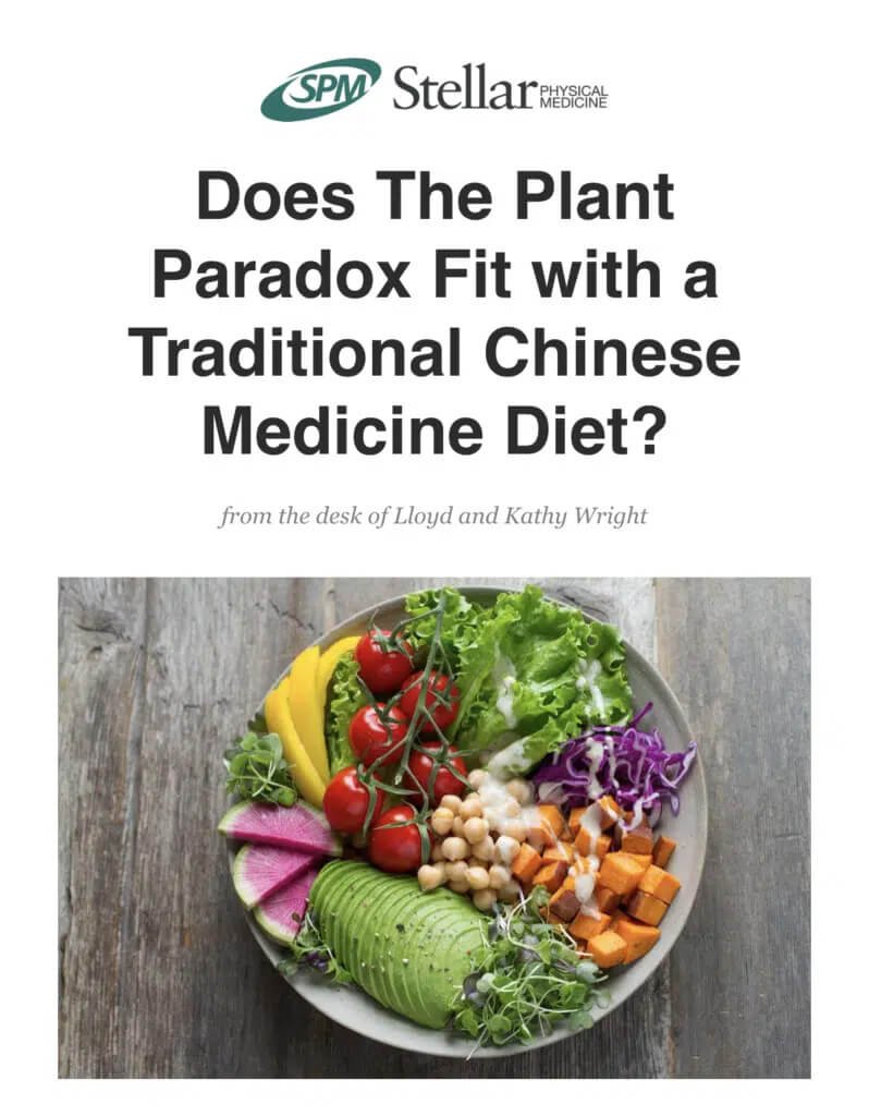 Cover page of a publication titled 'Does The Plant Paradox Fit with a Traditional Chinese Medicine Diet?', featuring the logo of Stellar Physical Medicine and a bowl of assorted fresh vegetables including cherry tomatoes, greens, purple cabbage, sliced avocado, cubed sweet potatoes, sliced radish, sliced yellow bell pepper, and microgreens on a wooden surface.