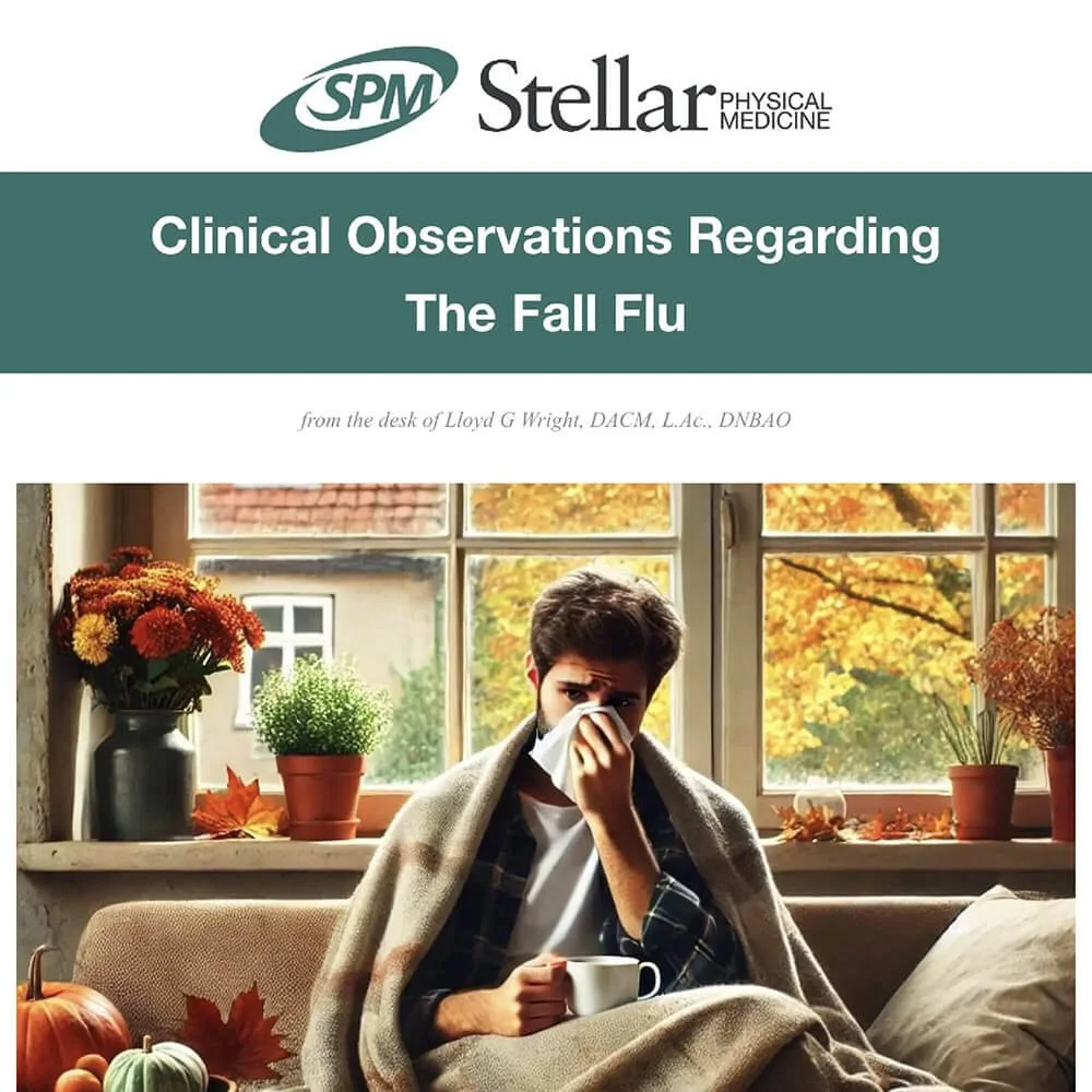 Book cover titled "Clinical Observations Regarding The Fall Flu" featuring a young man sitting on a sofa, sniffing a tissue, wrapped in a blanket, holding a cup, sitting by a window decorated with autumn leaves, pumpkins, and potted plants.