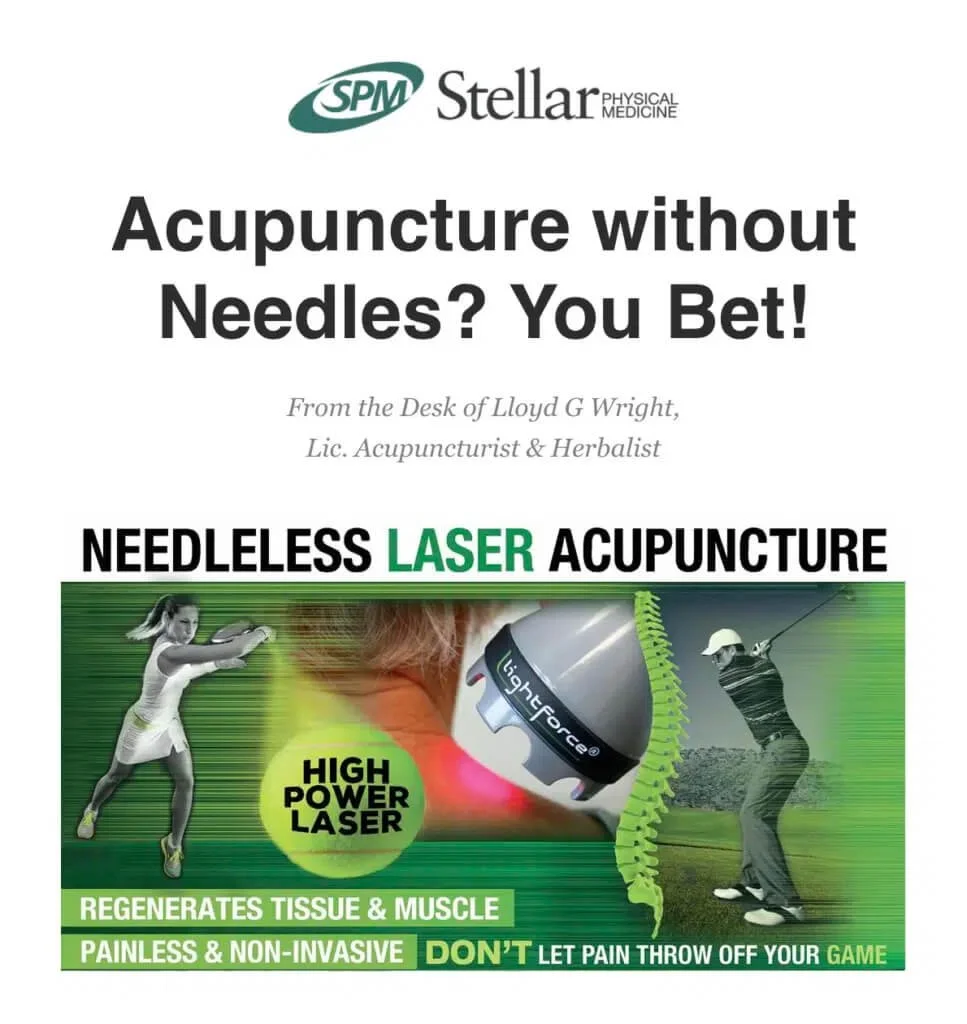 Advertisement for needleless laser acupuncture, featuring images of a woman playing tennis and a man golfing, with a laser device and a stylized spine graphic.