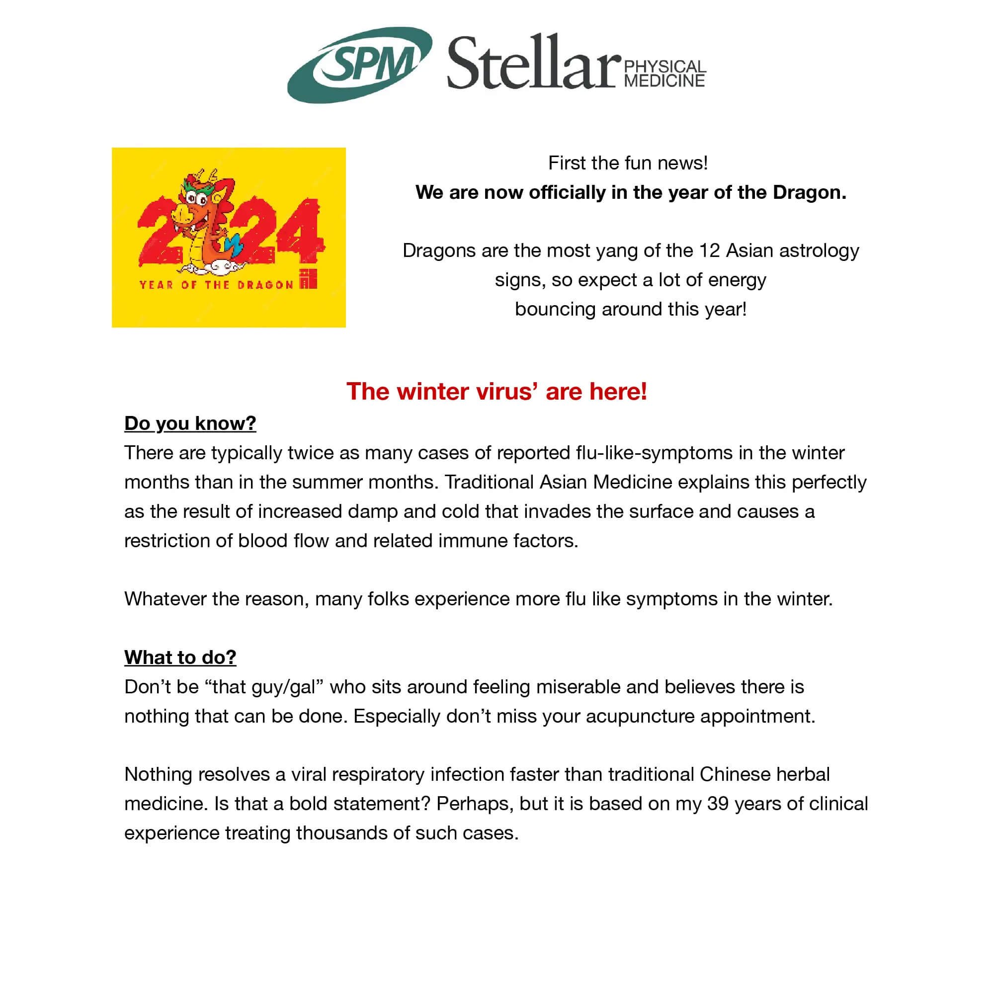 A newsletter from Stellar Physical Medicine with a logo at the top, a colorful graphic of a dragon and the year 2024, and text discussing the Year of the Dragon and winter virus tips.