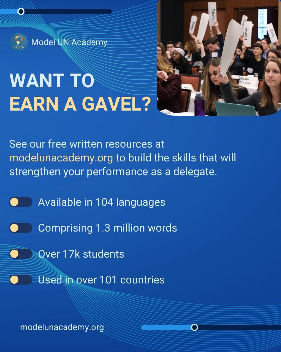 We've written over 1,300,000 words of free, original Model UN guides in 104 languages. Learn about Model UN and use our guides as a reference for winning an award at your next conference at modelunacademy.org (link in bio)!