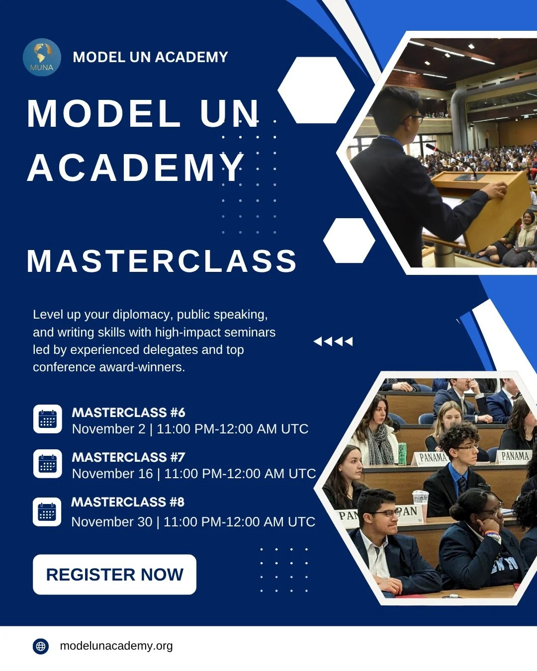 Register for the Model UN Academy Masterclass with our upcoming live webinars or our past on-demand recordings at modelunacademy.org (link in bio)!

Level up your diplomacy, public speaking, and writing skills with high-impact seminars led by Directo