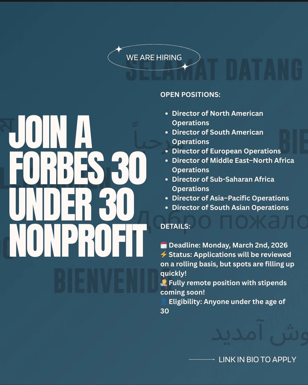 🚨 Join a Forbes 30 Under 30 nonprofit!

Applications are due Monday, March 2nd, 2026 and will be reviewed on a rolling basis.

Open Positions:

🌎 Director of North American Operations
🏆 Director of South American Operations
🚀 Director of European