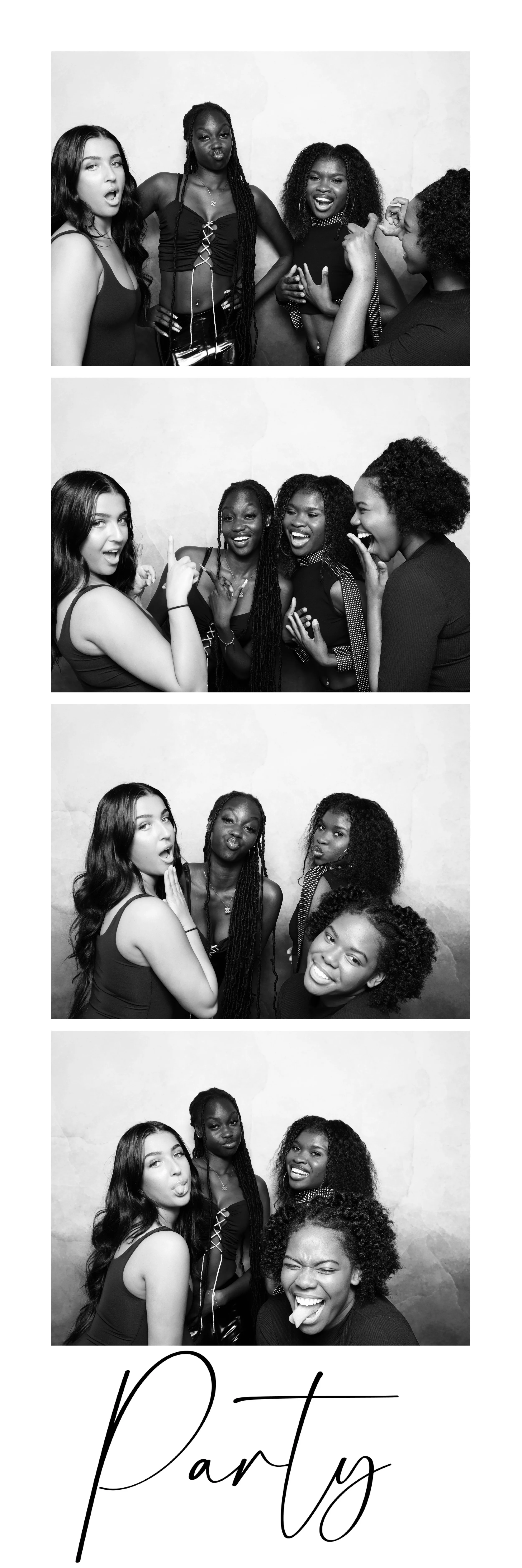Series of four black-and-white photo booth pictures of five women having fun and making different facial expressions, with the word "Party" written at the bottom.