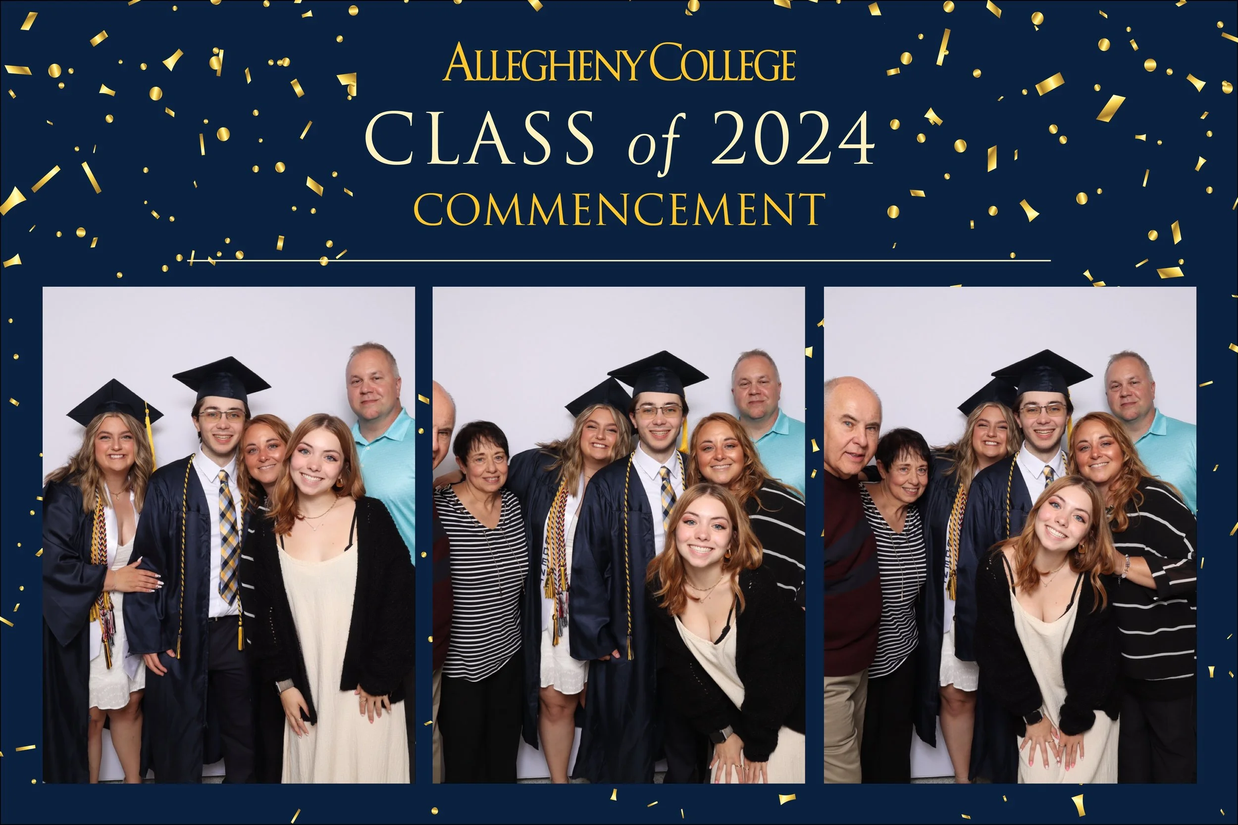 Group photo from Allenhney College graduation celebration with students in caps and gowns and family members, divided into three sections.