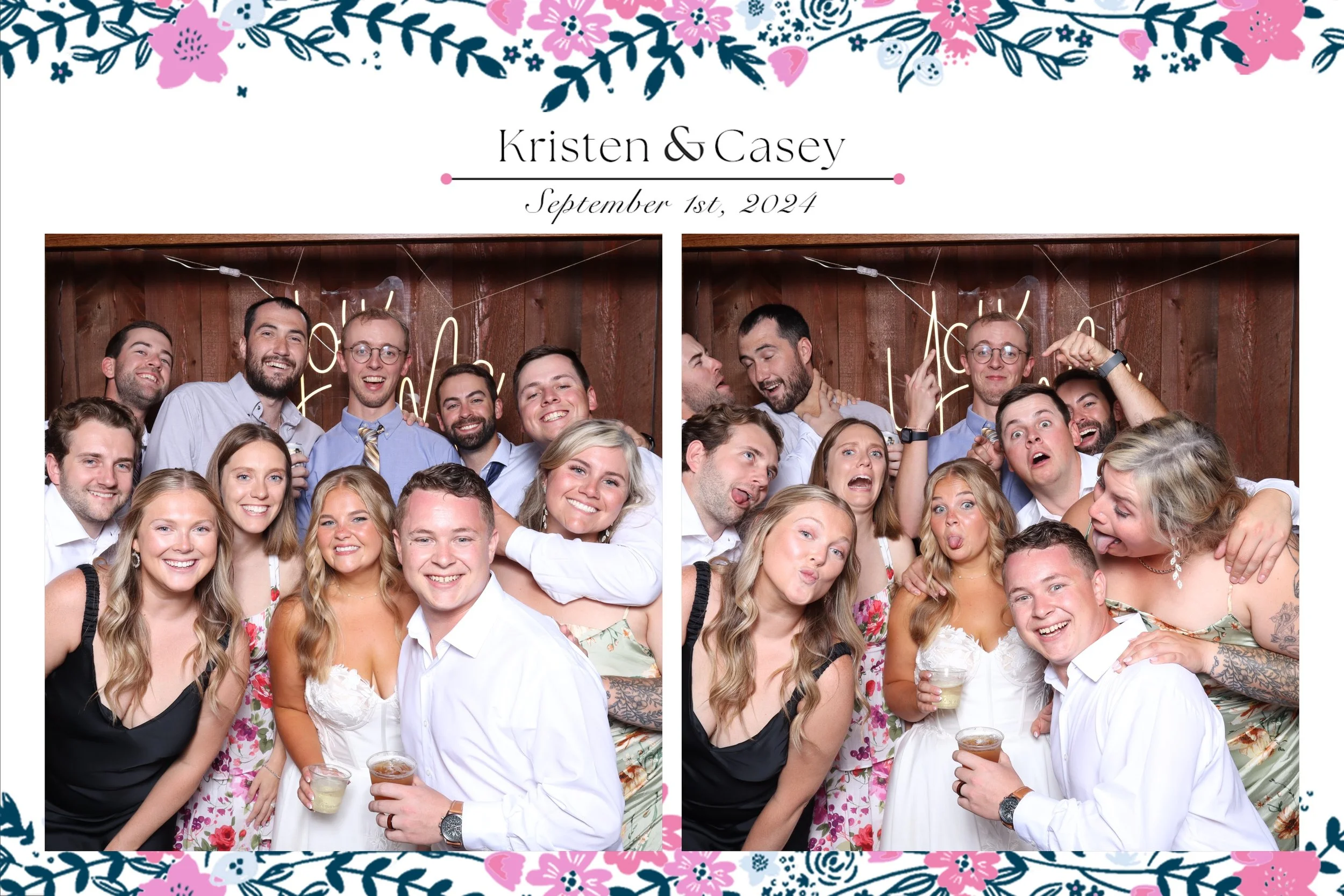 A group of people celebrating at a wedding, posing for a photo booth with fun expressions and props, at Kristen and Casey's wedding on September 1st, 2024.