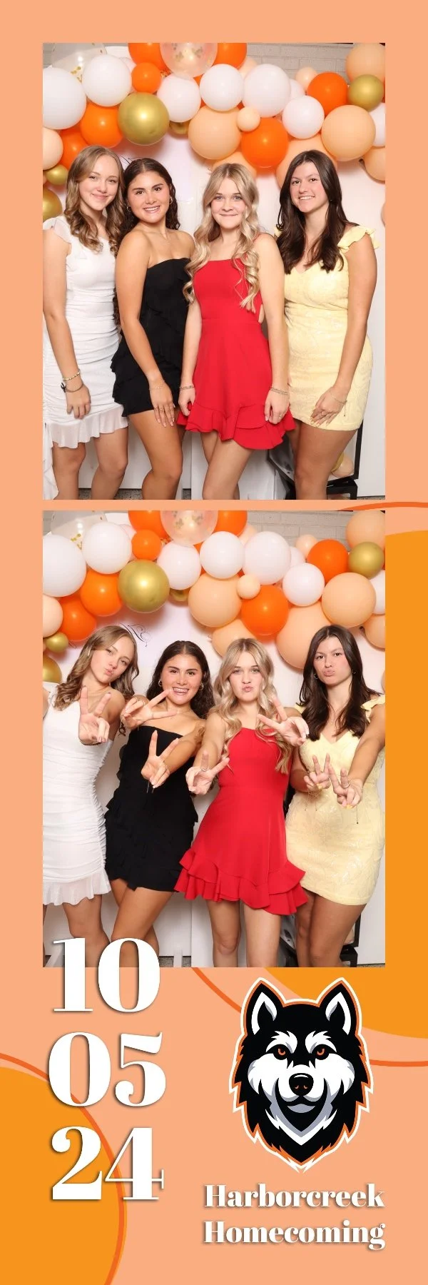 A photo booth strip from a high school homecoming event shows four young women in dresses making different gestures. The background features a colorful balloon arch with white, orange, peach, and gold balloons. The bottom of the strip displays the da
