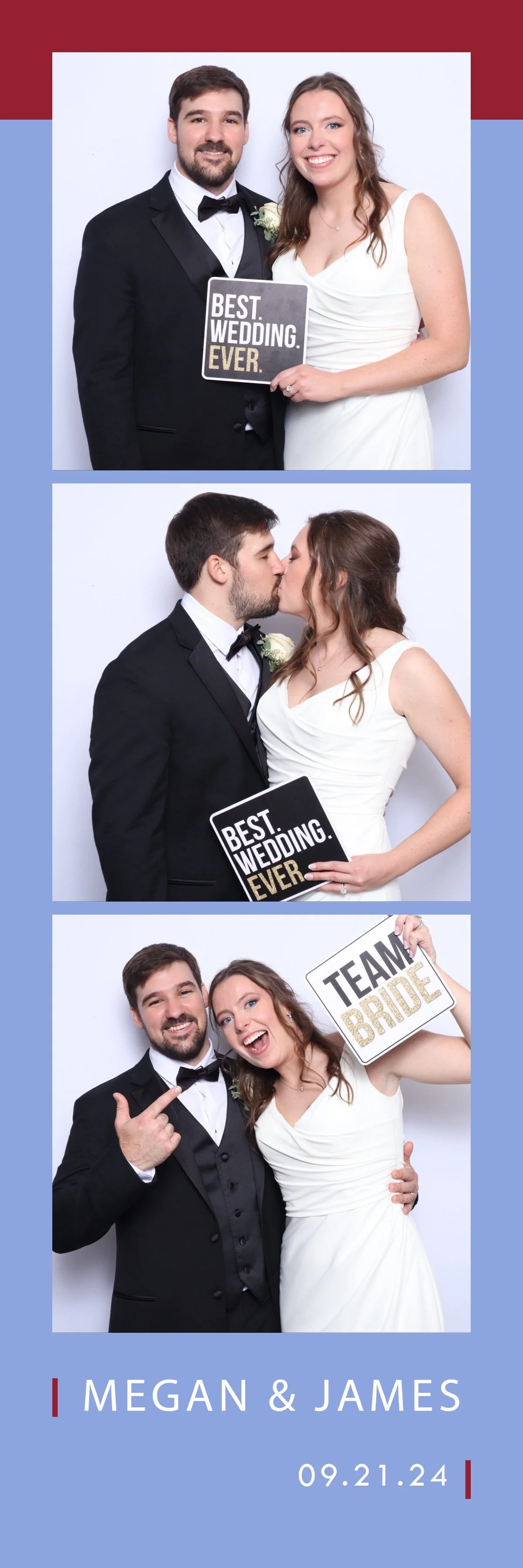 Wedding photo strip featuring Megan and James, with three images. The first image shows them smiling, holding a sign that says "Best Wedding Ever." The second image shows them kissing, holding the same sign. The third image shows them playfully point