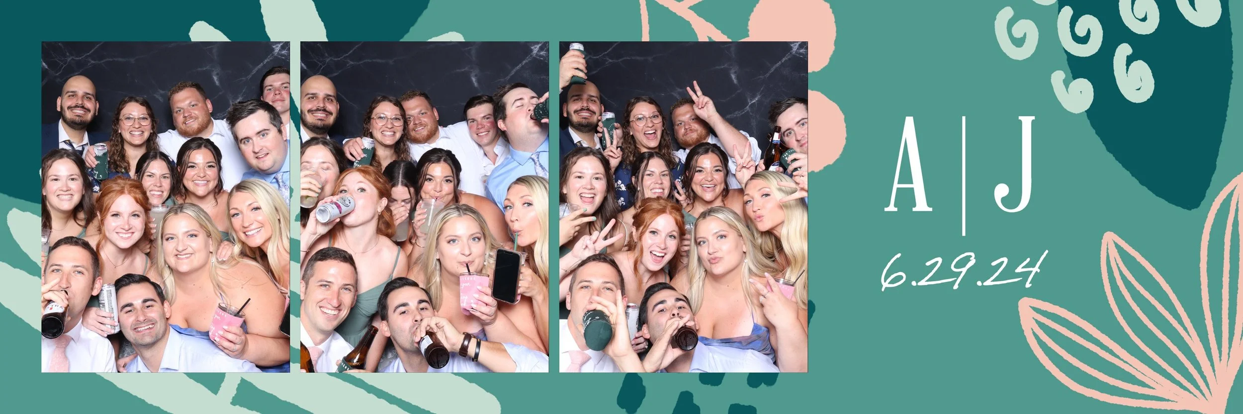 A collage of six photos shows a group of people at a party, some holding drinks and making gestures, with a dark marbled backdrop. Sheer teal and pink floral graphics and initials "A | J" along with the date "6.29.24" are on the right side of the col