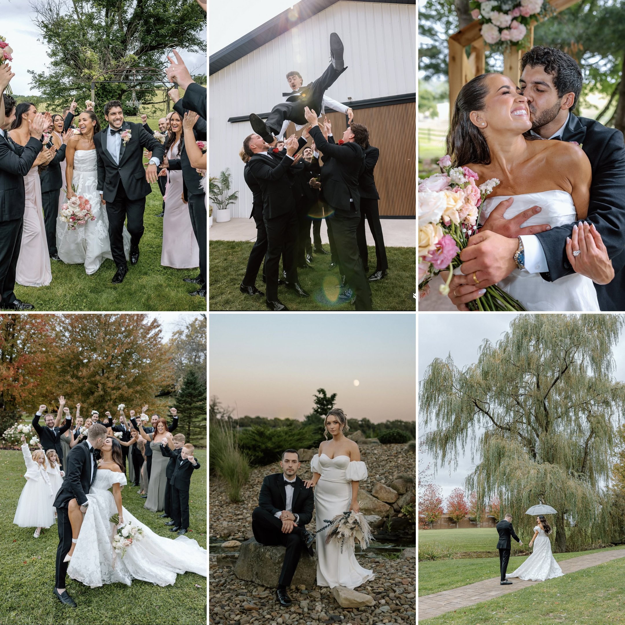 Sequence of wedding scenes: a bride and groom walking through a crowd of smiling guests on a lawn; the groom being lifted by groomsmen outside a white building; a bride and groom sitting by a small pond with trees in the background; a couple standing under trees with colorful autumn leaves; a group of wedding guests gathered outdoors celebrating; the bride and groom holding hands and walking on a brick path on a lawn.