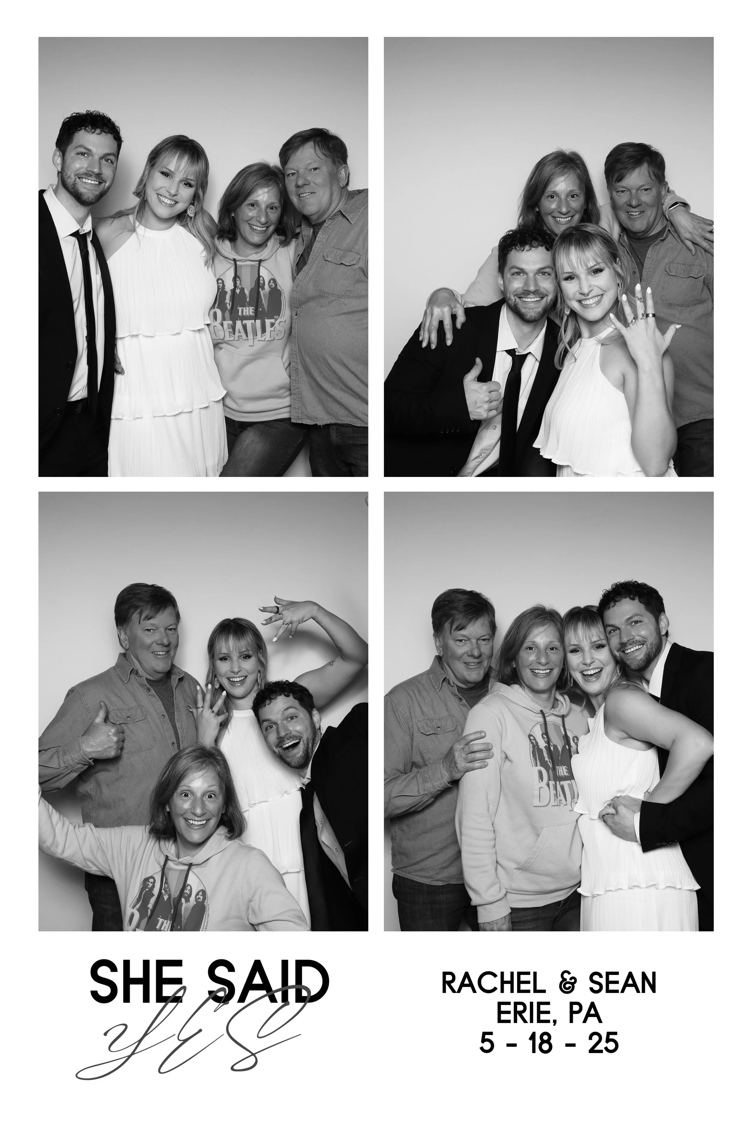 Black and white photo booth collage with four images of a group of people celebrating a wedding. The bottom has text that reads, "SHE SAID yes" on the left, and on the right, "RACHEL & SEAN ERIE, PA 5-18-25."