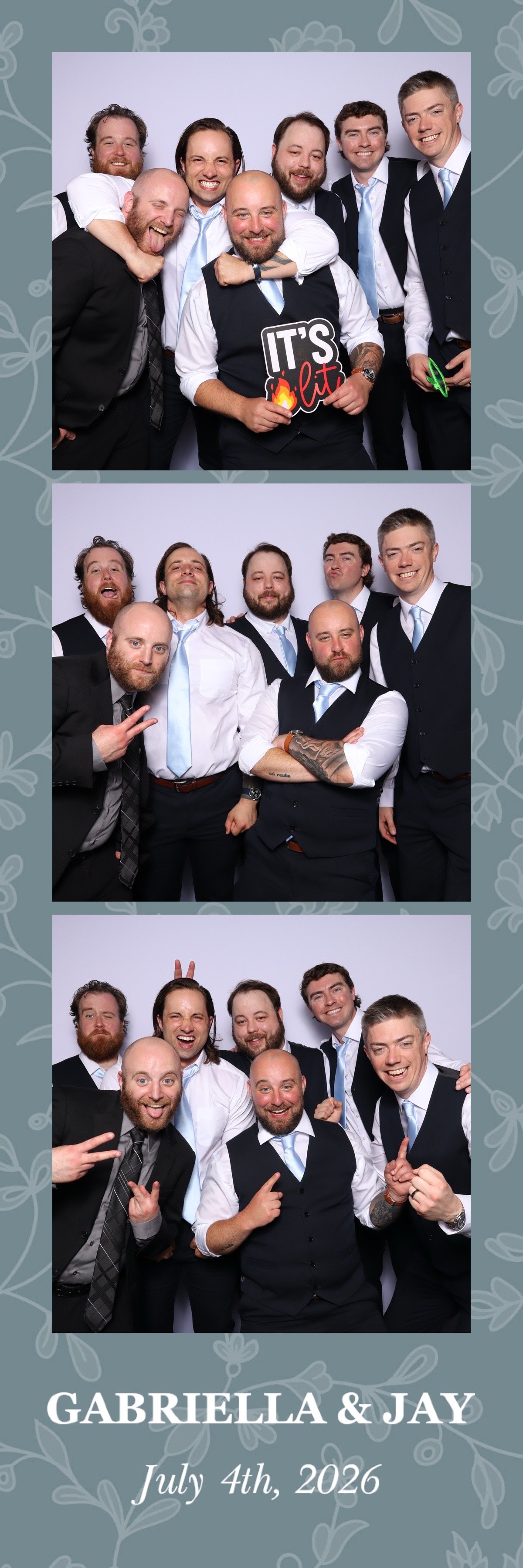 Series of three photos from a wedding celebration for Gabriella and Jay on July 4th, 2026, showing a group of men in formal attire having fun and posing together.