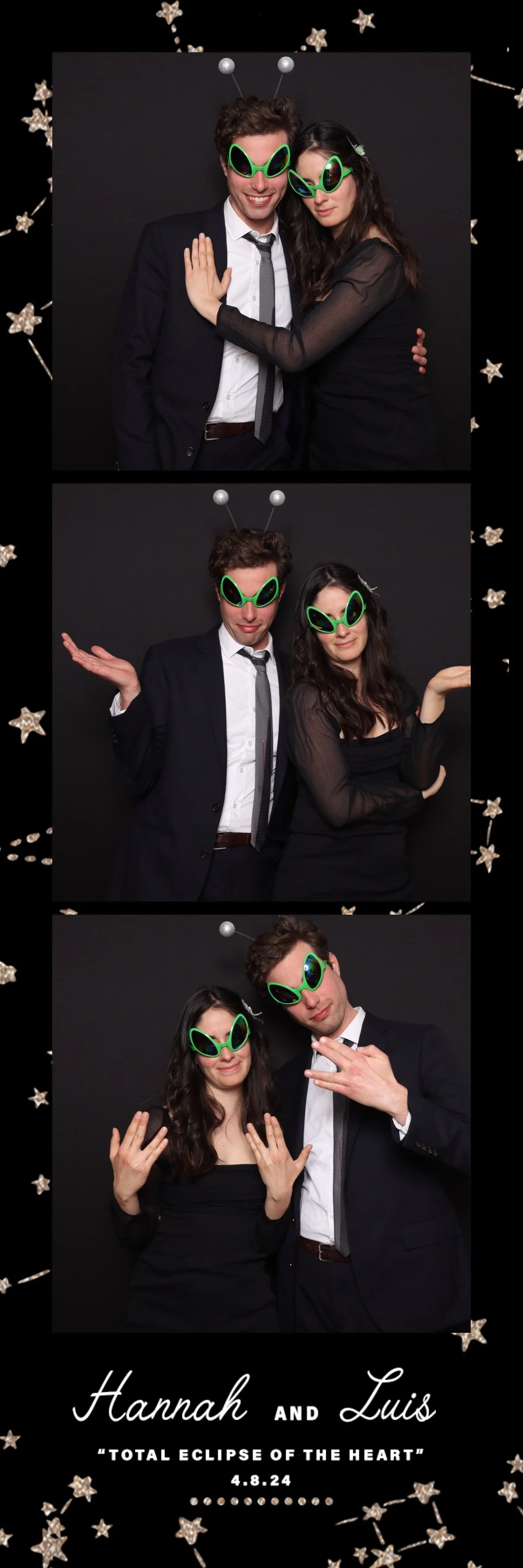 Three photo booth pictures of a young couple with a black background, wearing green alien sunglasses and gray antenna headbands with silver balls, showing playful poses. The bottom of the image has a black banner with white text: 'Hannah and Luis, To