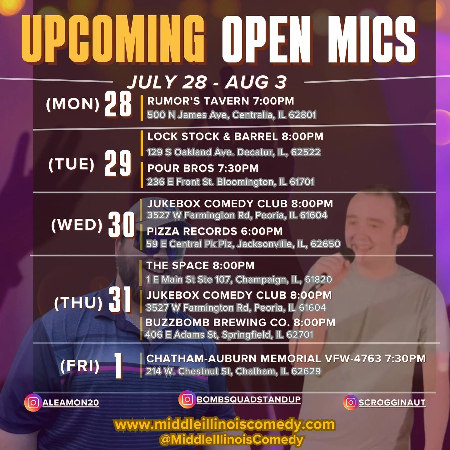 Summer is hot, but the open mics are hotter! (Unless the venue has air conditioning)
Shoutout to this weeks models @aleamon20 and @scrogginaut of @bombsquadstandup