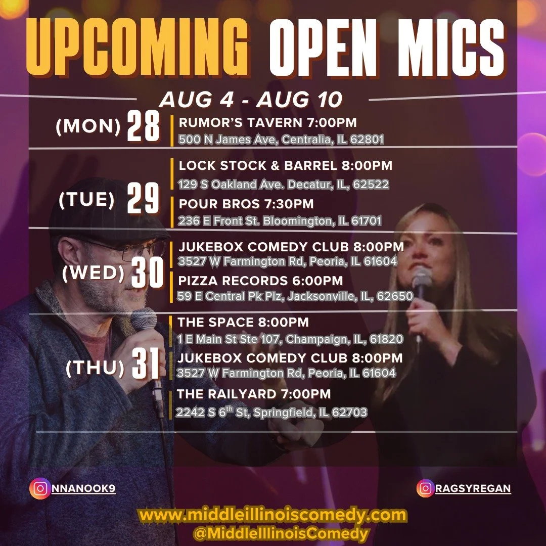 Badda Boom, Badda Bing, Badda BANG! Our open mic schedule is out of this world! 

Thank you to the local comedy power couple @nnanook9 and @ragsyregan for the background modeling.