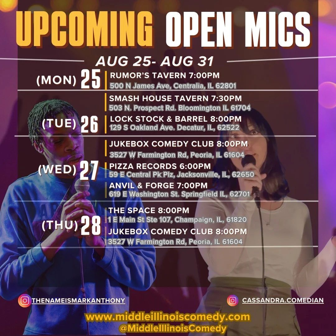 This week's open mic list is up! Apologies for being a day late.
Thank you to @thenameismarkanthony and @cassandra.comedian for the background pics!