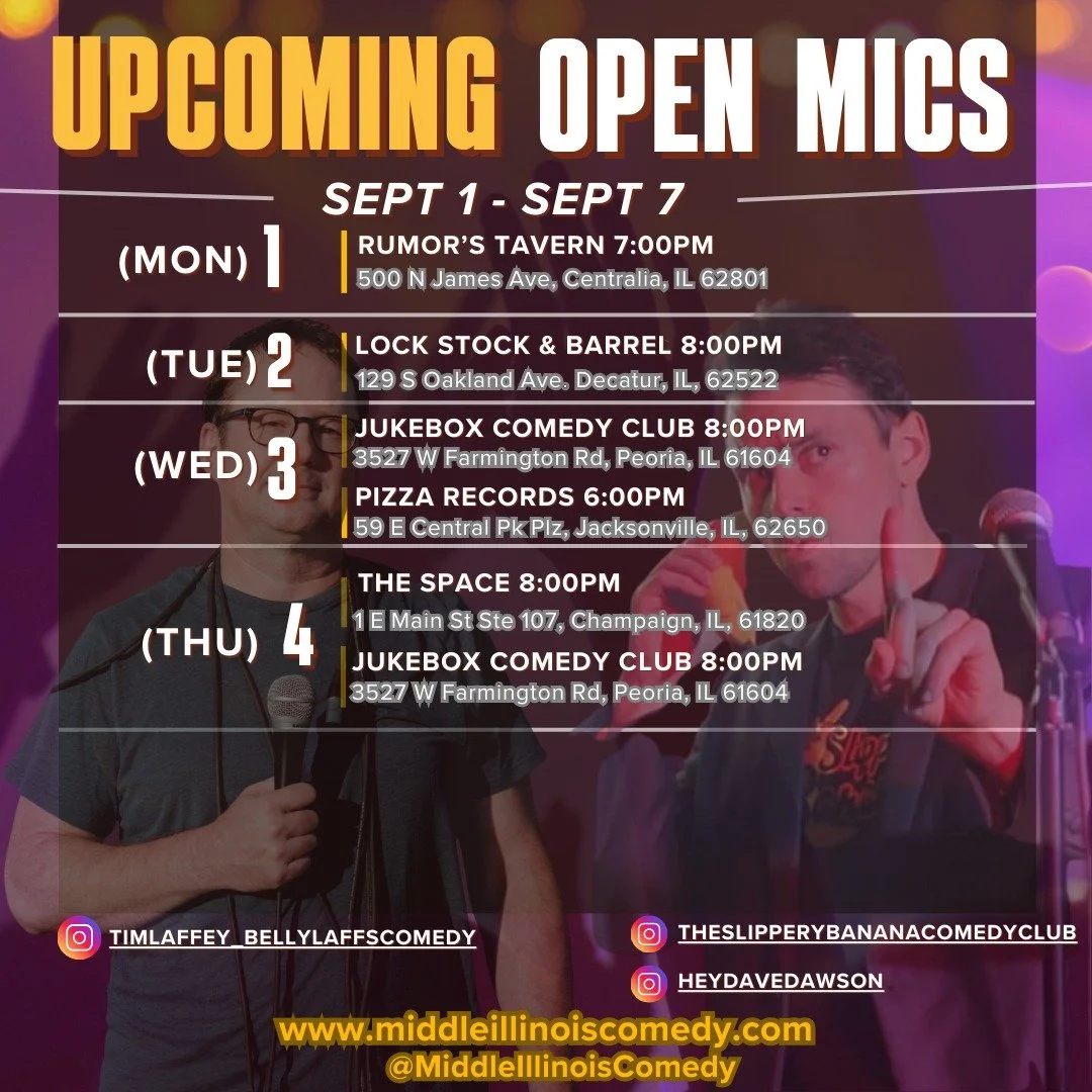 Open mics are dropping like flies, but there are still plenty of opportunities to perform or catch a show!

Thank you, @timlaffey_bellylaffscomedy and Dave Dawson of the @theslipperybananacomedyclub for winning this week's model lottery.