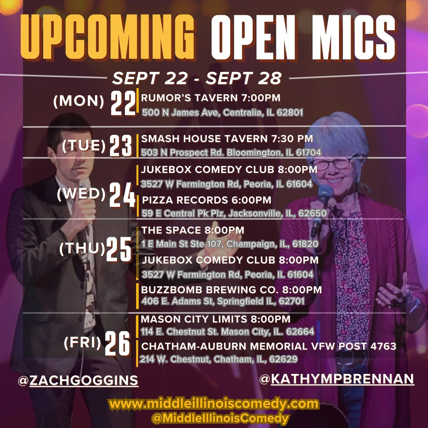 Open mic comedy, OH YEAH! With stage time available Monday through Friday, there's no excuse to head out to a mic.

Big thanks to our background models @zachgogginscomedy and @kathympbrennan
