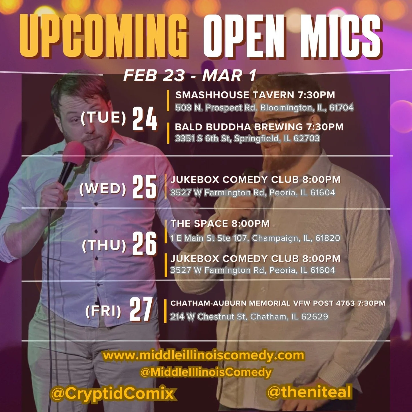 It's a fresh batch of open mic comedy featuring the always handsome @cryptidcomix and @theniteal! #Comedy #comedyshow #centralillinois