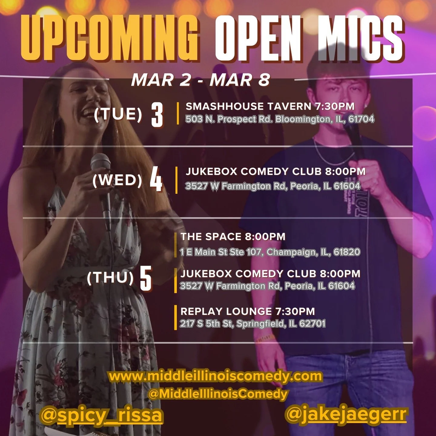 This week's comedy open mic schedule is up for your viewing pleasure. Find a spot and check out a show! Shout out to this week's background models @spicy_rissa and @jakejaegerr