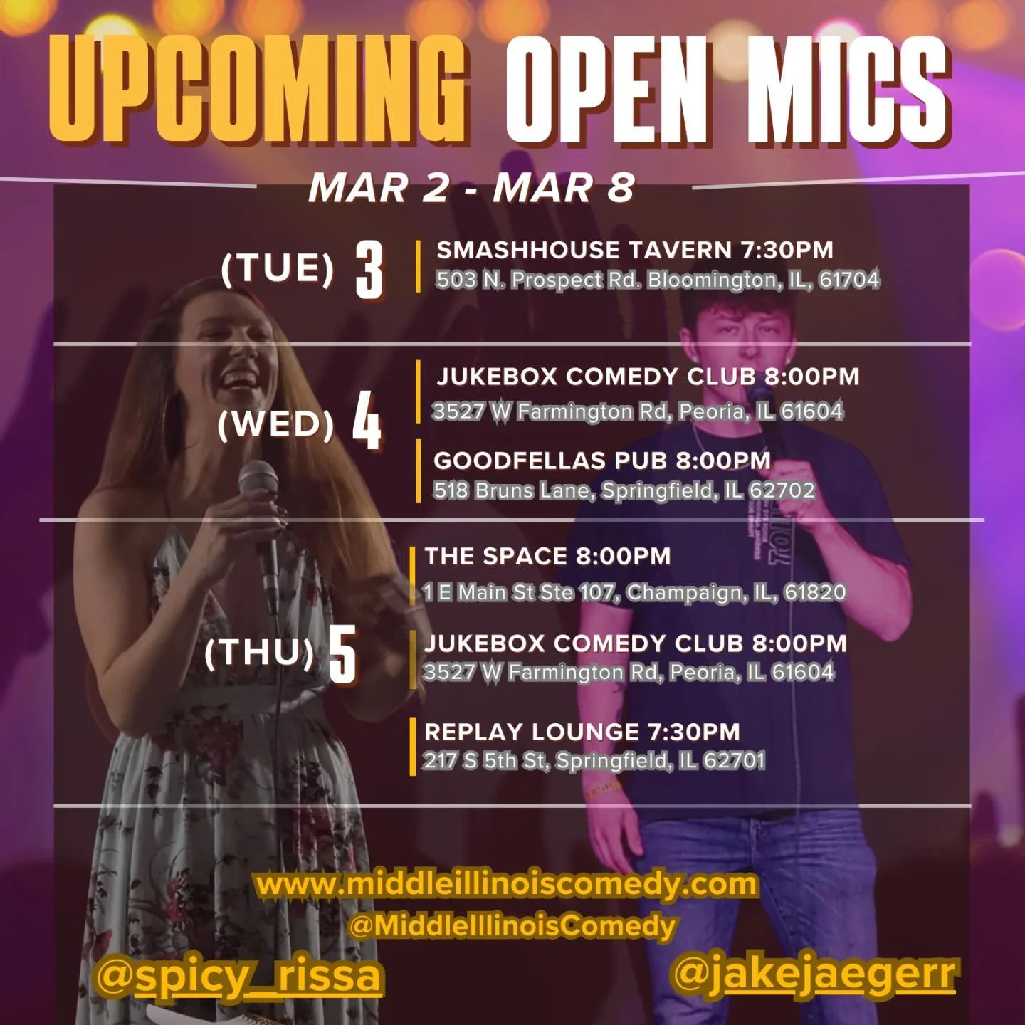 *Edit* Added Goodfellas Pub on Wednesday night in Springfield!

Comedy open mics abound! There have been quite a few new additions recently so please let me know if I missed any this week!

Big shout out to this week&rsquo;s background models @spicy_