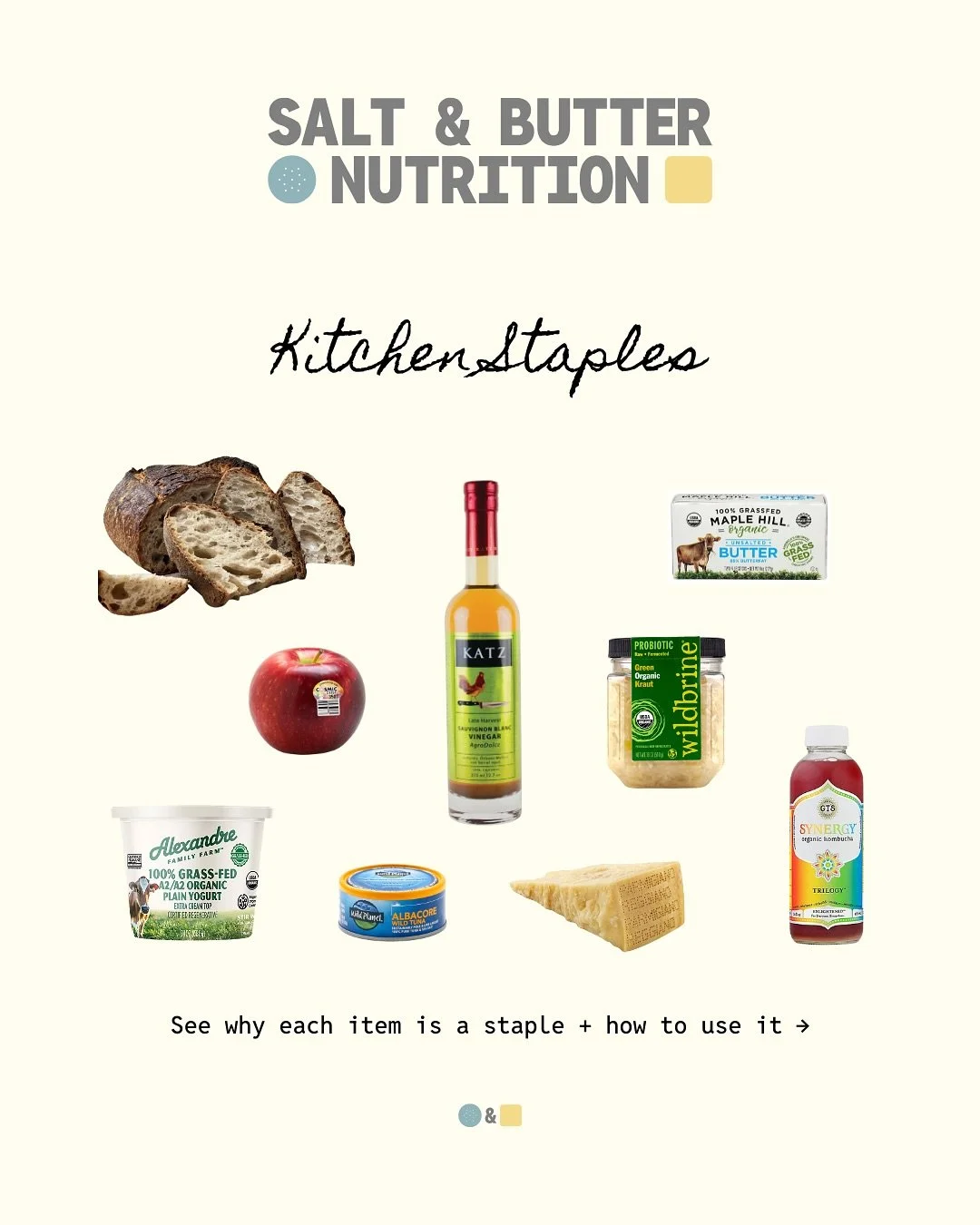 Salt &amp; Butter Grocery Staples 🛒🧺

These are the staples I always keep stocked in my fridge &amp; pantry. And of course, I always have a backstock just in case. They are simple, incredibly versitile, and supportive of energy, digestion, and bloo