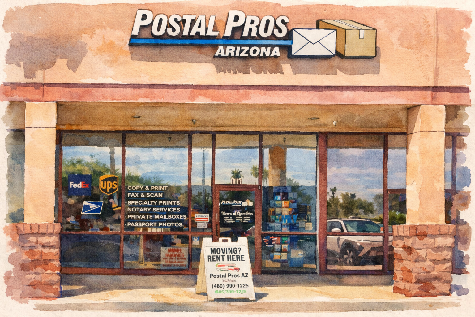 Watercolor picture of the storefront of Postal Pros AZ