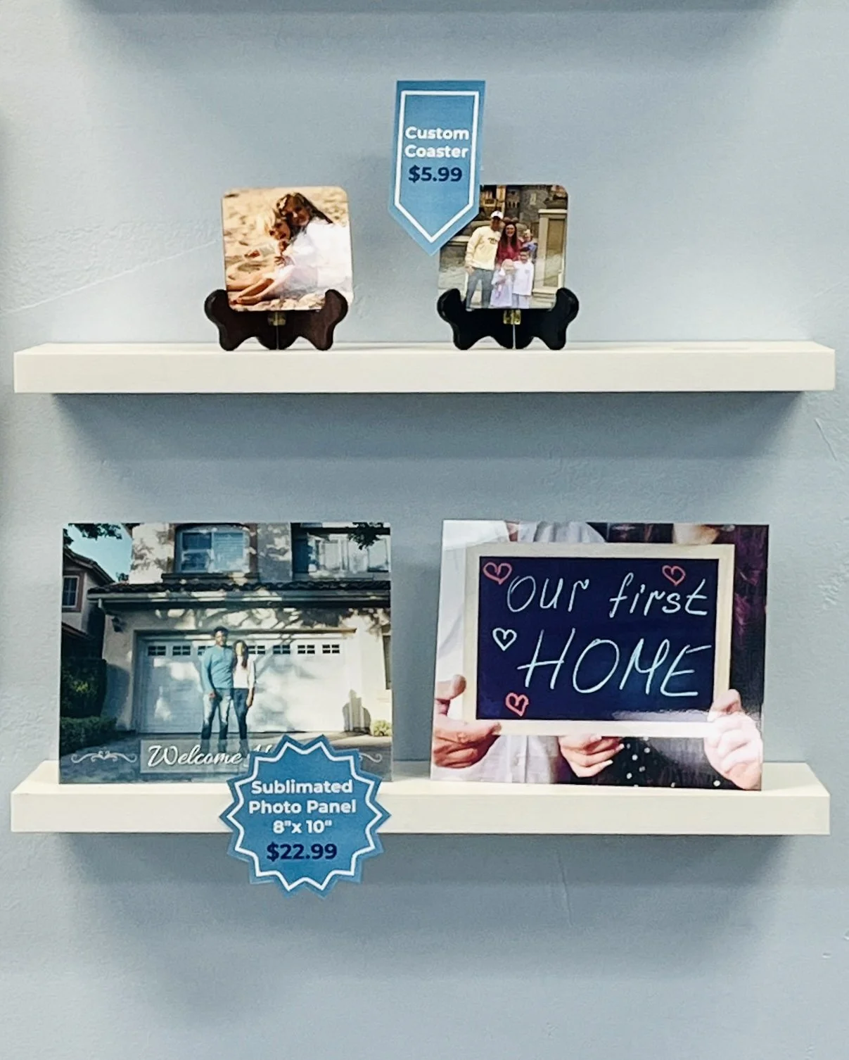 Coasters and Photo Panels that are sublimated with pictures of kids and family.