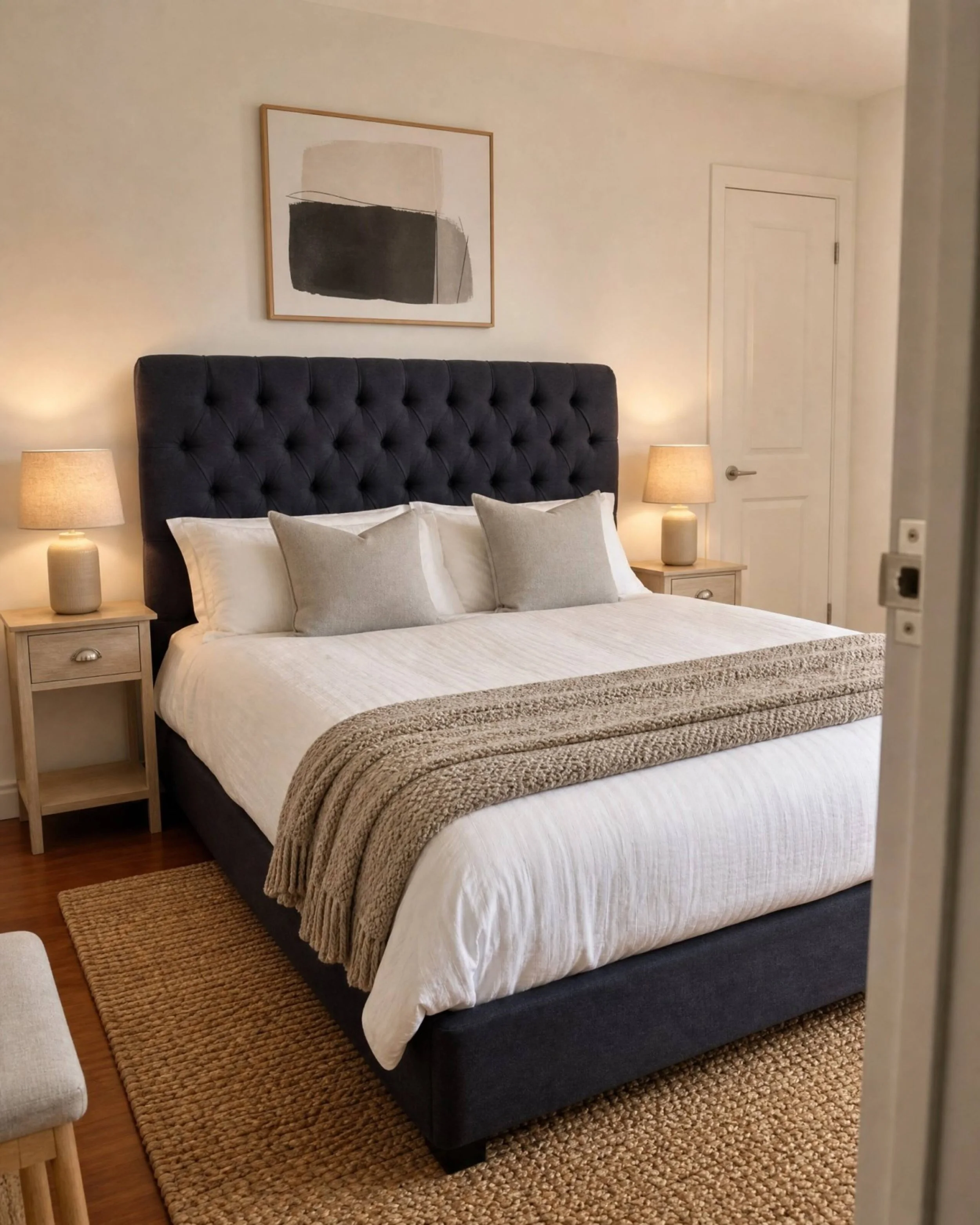 A bedroom with a dark tufted headboard, white bedding, beige throw blanket, two bedside lamps, a framed abstract art piece above the bed, a wooden nightstand, and a door on the right side.