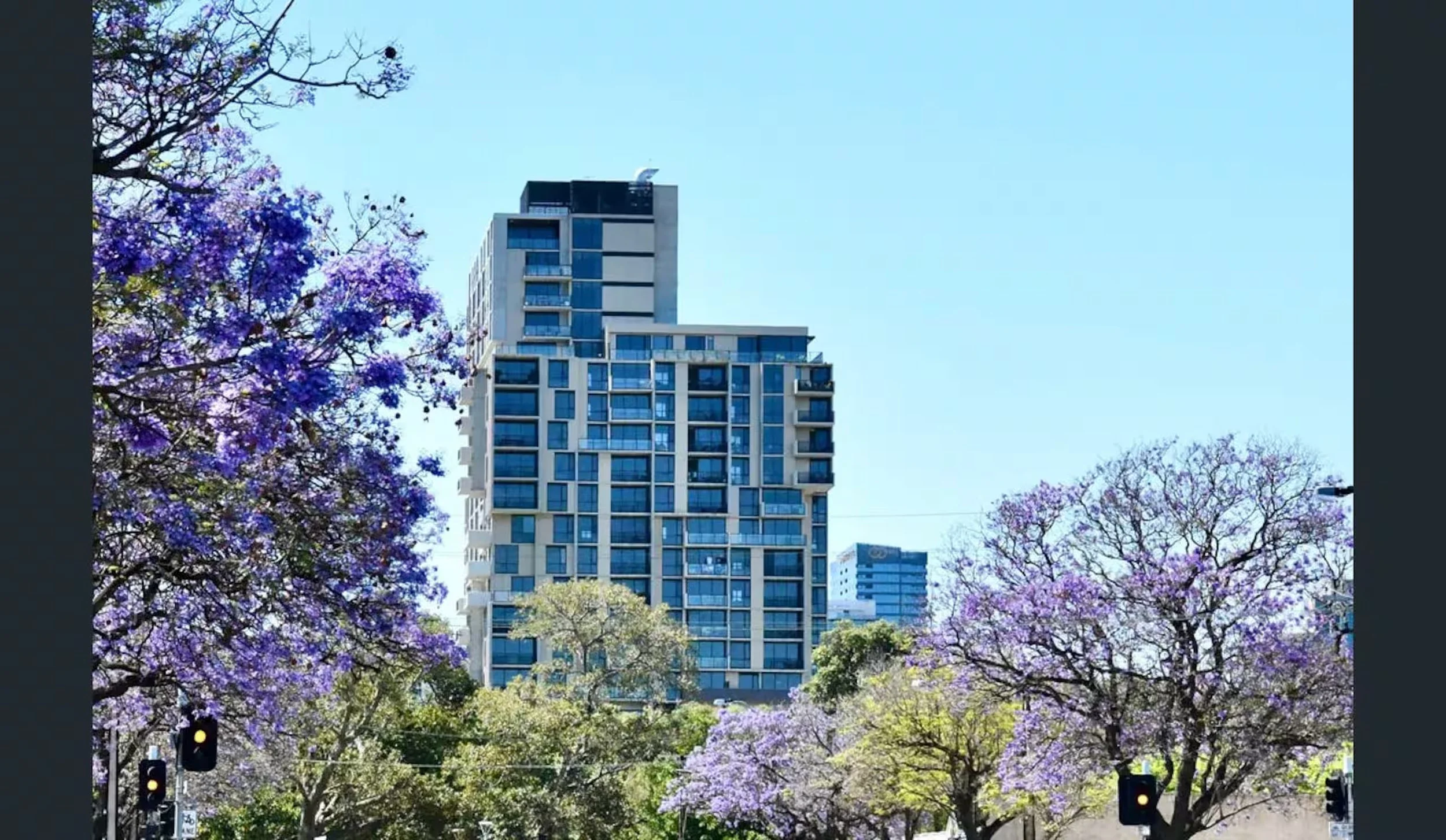 High-rise residential building with a mix of glass windows and concrete structure, surrounded by purple-flowering trees and a clear blue sky.
