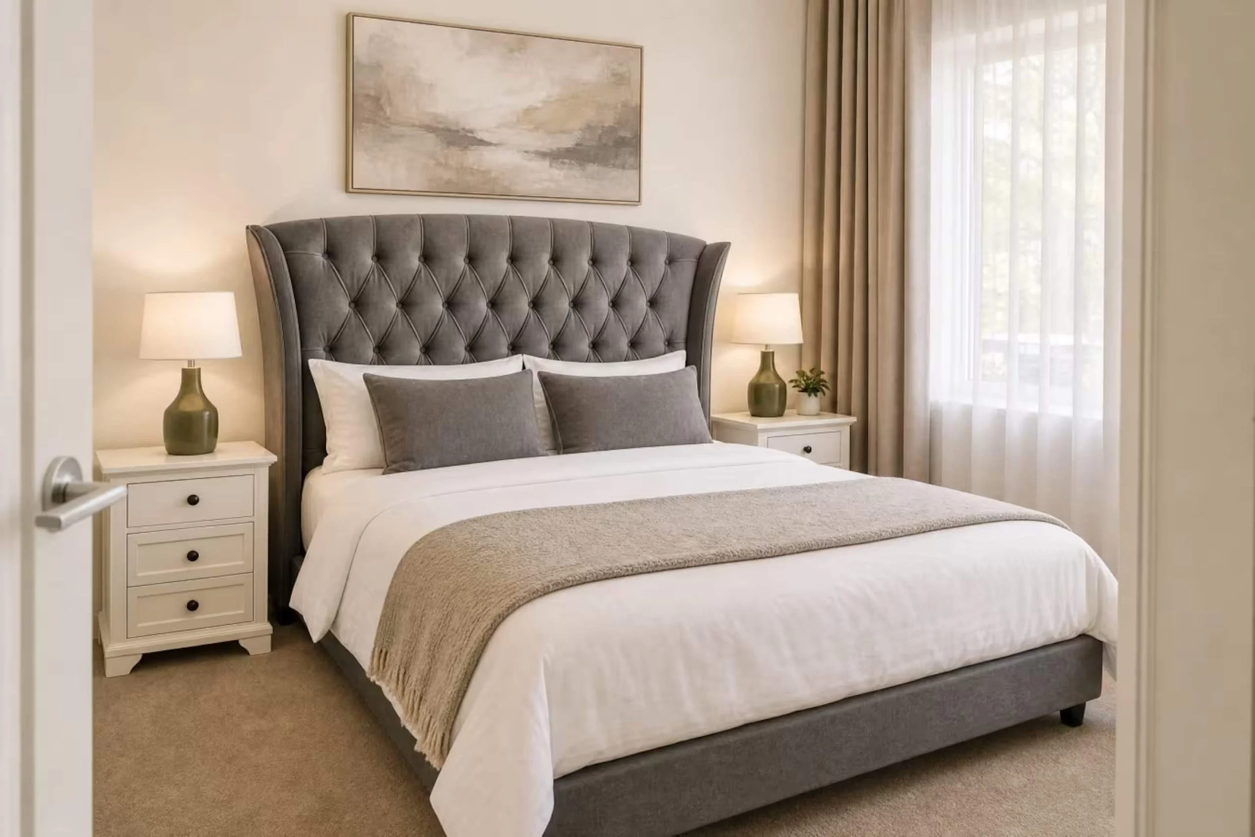 A neatly made bed with white and gray bedding, a tufted gray headboard, two white bedside tables with matching table lamps, and neutral-toned curtains in a well-lit bedroom.