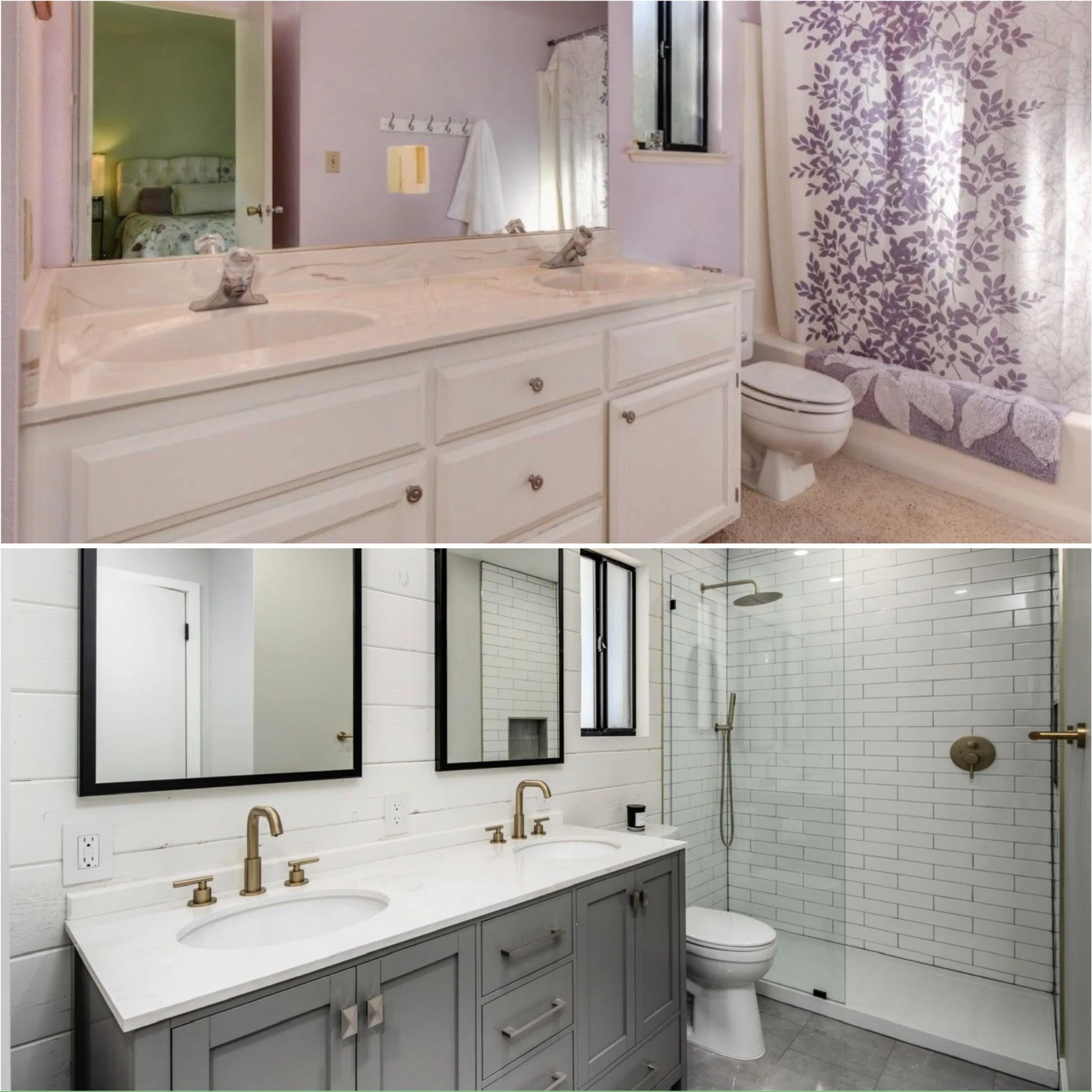 Comparison of two bathrooms, one older with pastel purple walls and floral curtain, and one modern with white brick walls, double sink vanity, and walk-in shower.